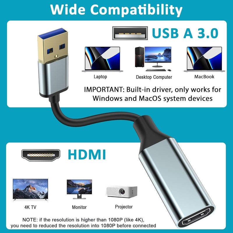 Herfair USB to HDMI Adapter [1080P Full HD, Built-in Driver] HDMI Adapter for Laptop to Monitor USB 3.0 to TV Screen Converter for MacOS/Windows 11/10/8.1/8/7 Computers Desktops PC MacBook - Image 4